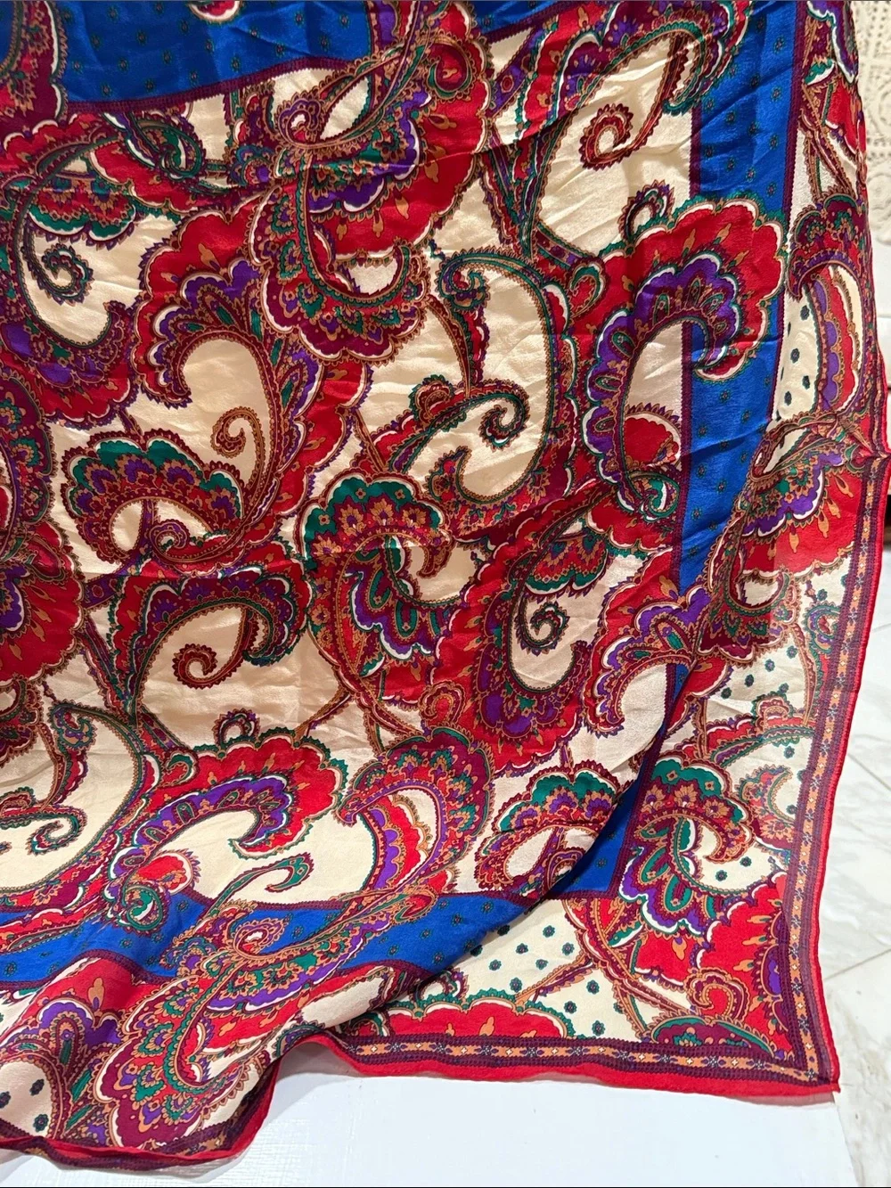 Vintage 1960’s Paisley delicate Silk Scarf in Red, Blue & Cream